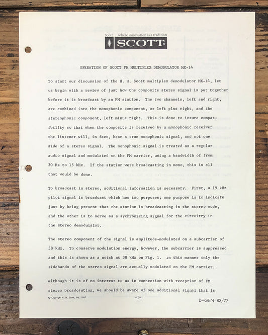 Scott MX-14 FM Demodulator Owners / User Manual *Original*