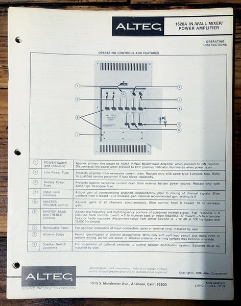 Altec Model 1626A Amplifier  Owners Manual & Schematic *Orig*