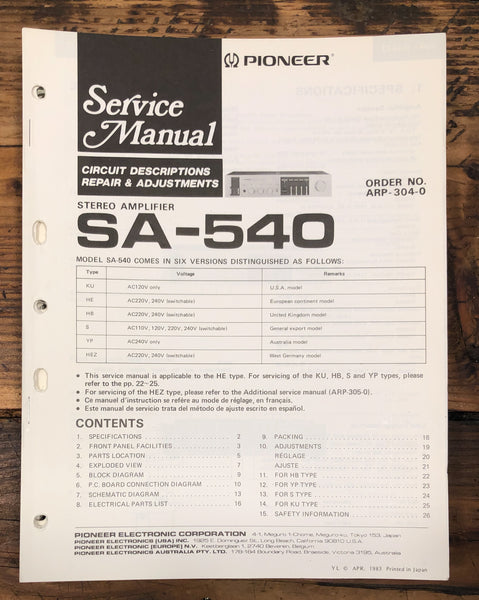Pioneer SA-540 Amplifier  Service Manual *Original*