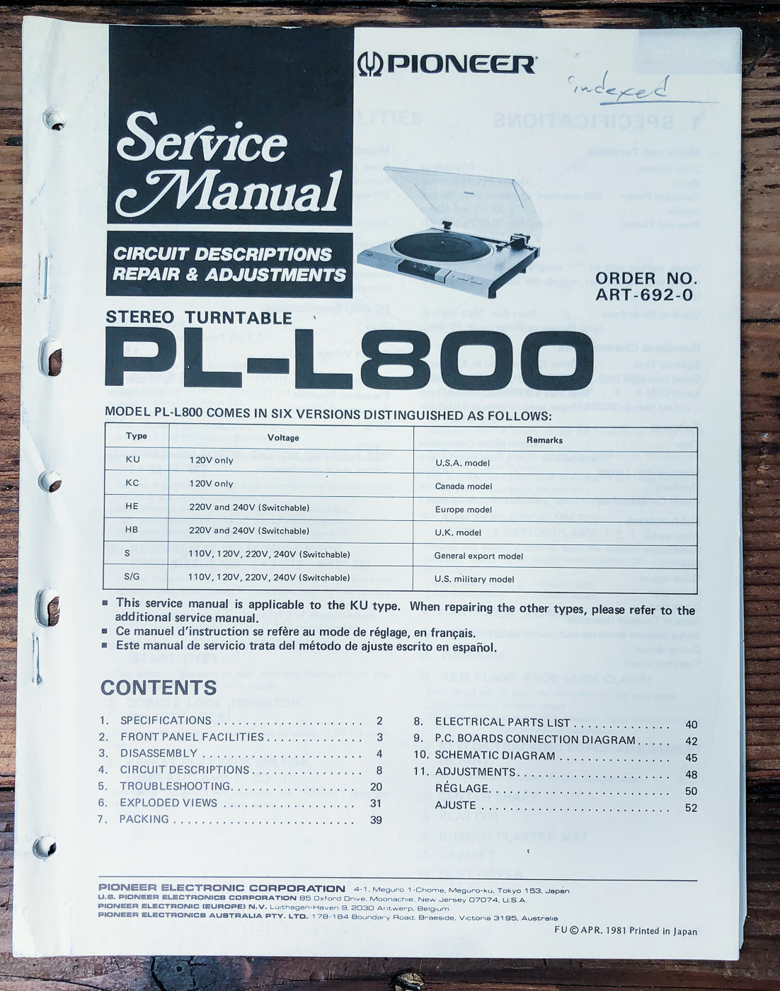 Pioneer PL-L800 Turntable Service Manual *Original*