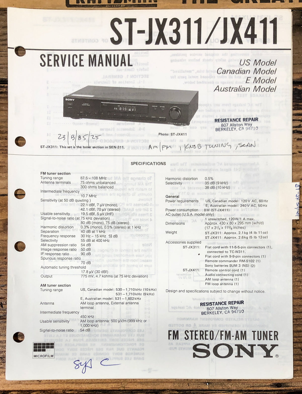 Sony ST-JX311 ST-JX411 Tuner  Service Manual *Original*