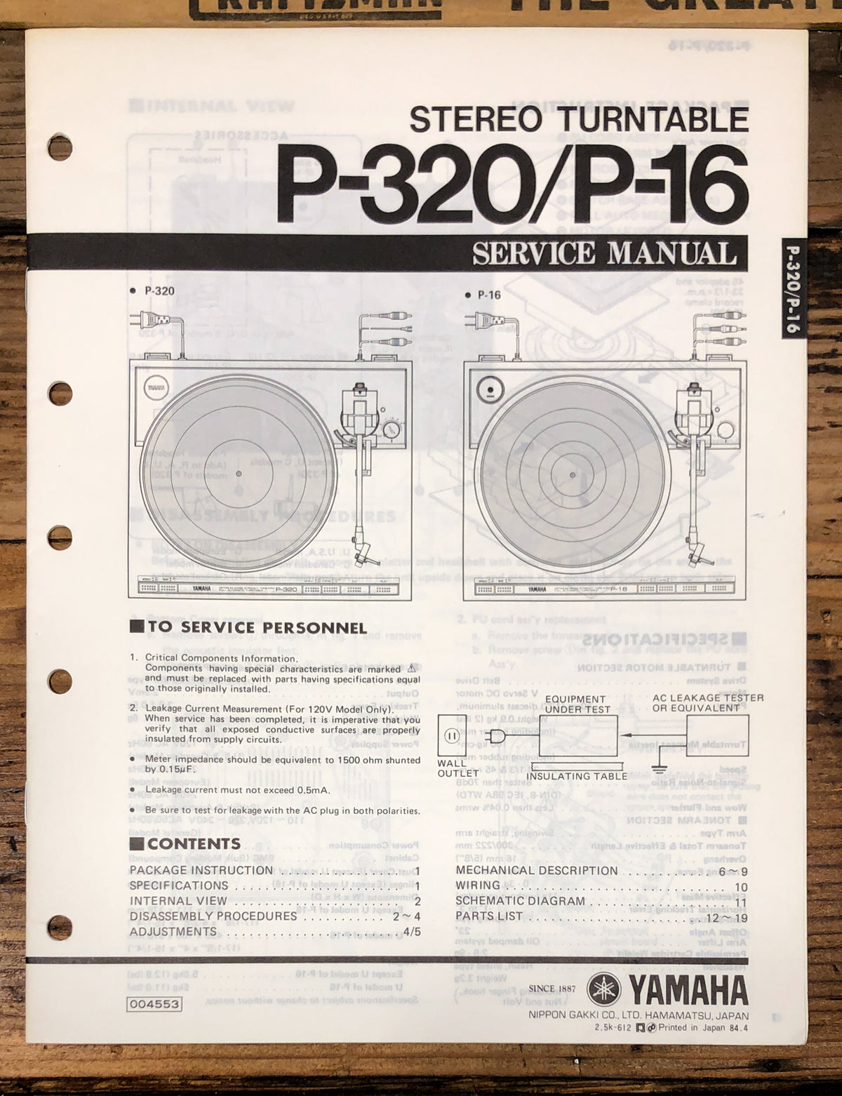 Yamaha P-320 P-16 Record Player / Turntable  Service Manual *Original*