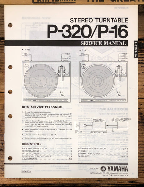 Yamaha P-320 P-16 Record Player / Turntable  Service Manual *Original*