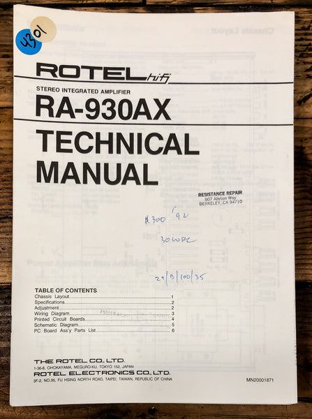 Rotel RA-930AX Amplifier  Service Manual *Original*