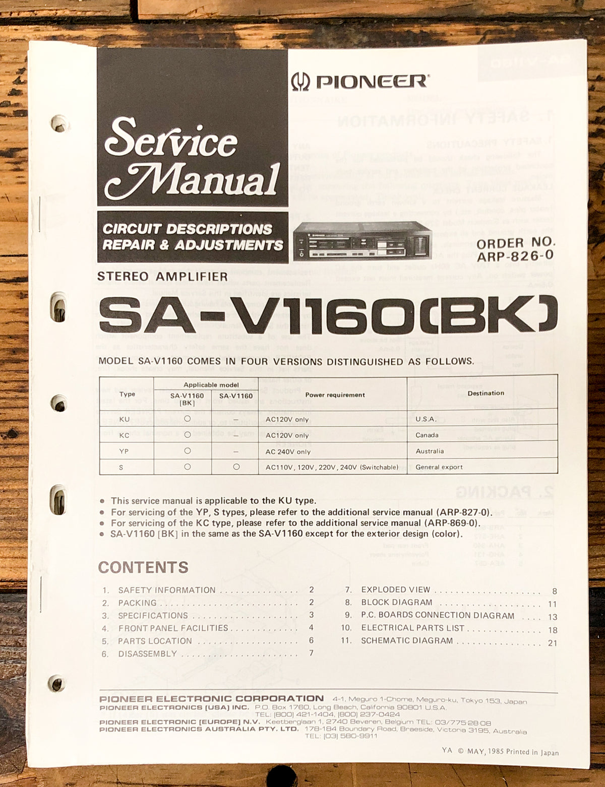 Pioneer SA-V1160 Amplifier Service Manual *Original*