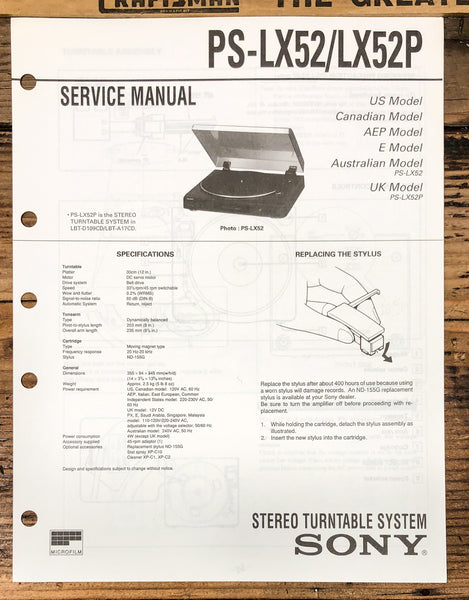 Sony PS-LX52 PS-LX52P Record Player / Turntable  Service Manual *Original*