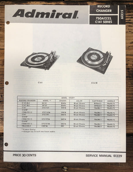 Admiral 750A 1225 C141 Record Player / Turntable Service Manual *Original*