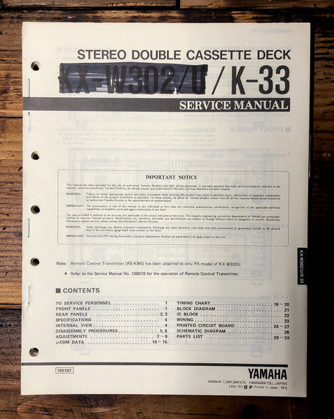 Yamaha K-W302 K-33 Cassette  Service Manual *Original*