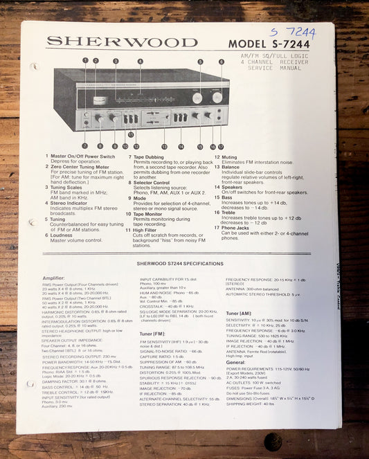Sherwood S-7244 Receiver  Service Manual *Original*