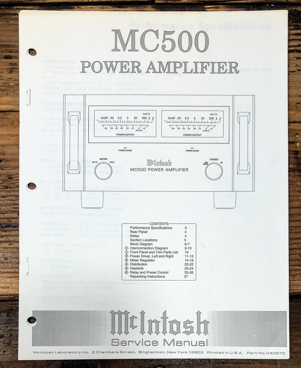 McIntosh MC-500 MC500 Amplifier Service Manual *Original*