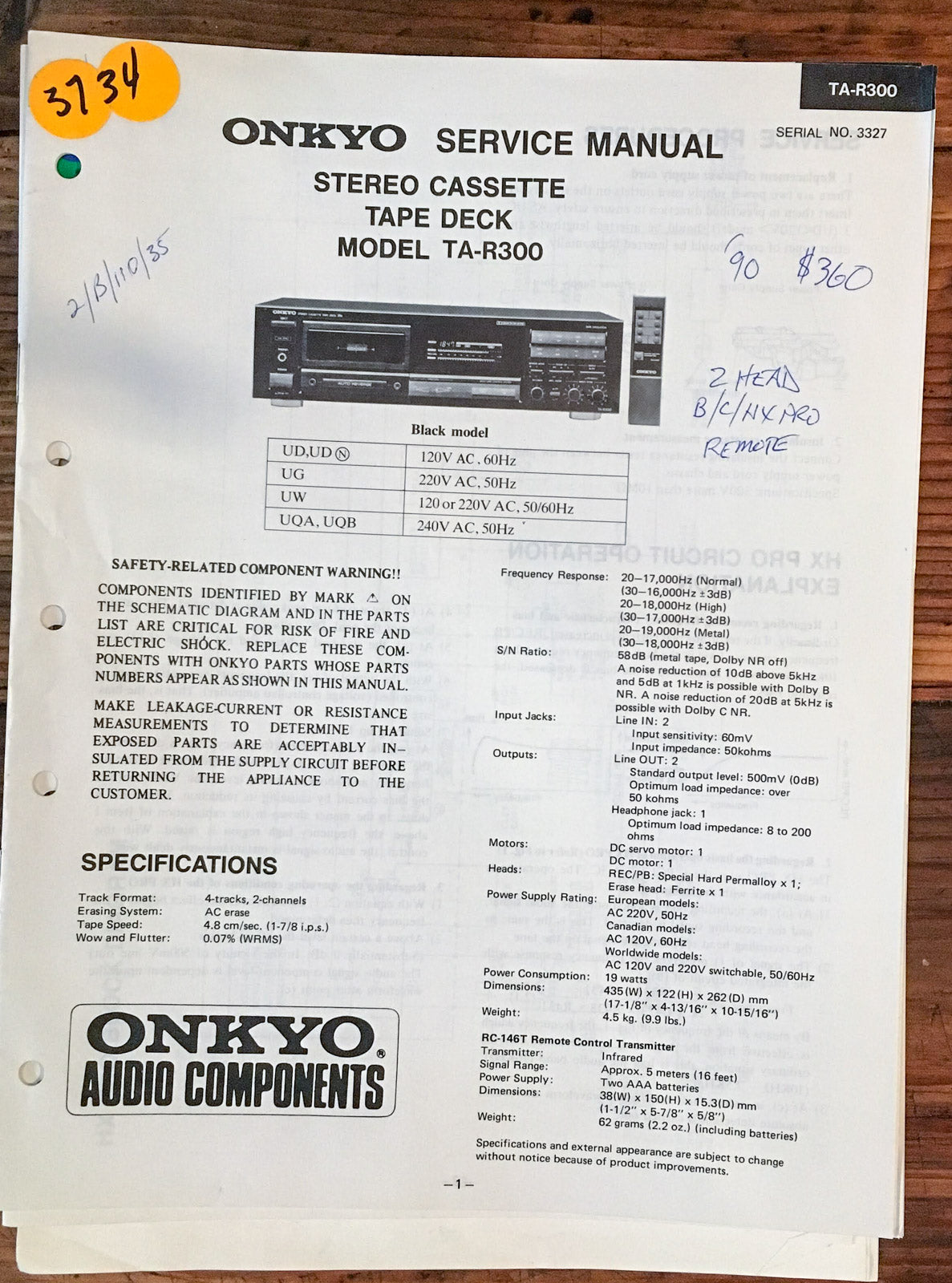 Onkyo TA-R300 Cassette  Service Manual *Original*
