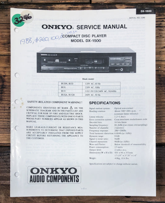 Onkyo DX-1500 CD Player  Service Manual *Original*