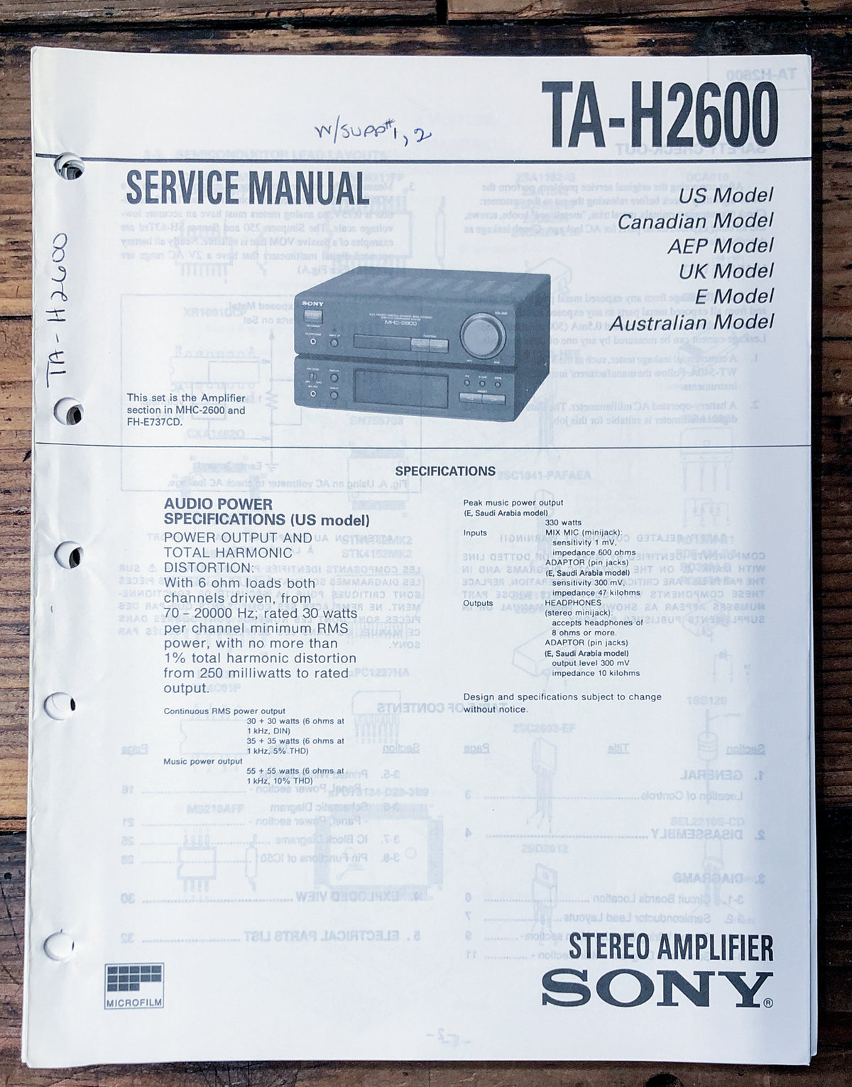 Sony TA-H2600 Amplifier  Service Manual *Original*