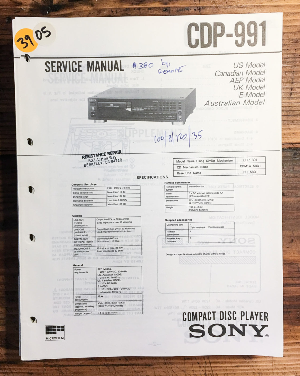 Sony CDP-991 CD Player  Service Manual *Original*