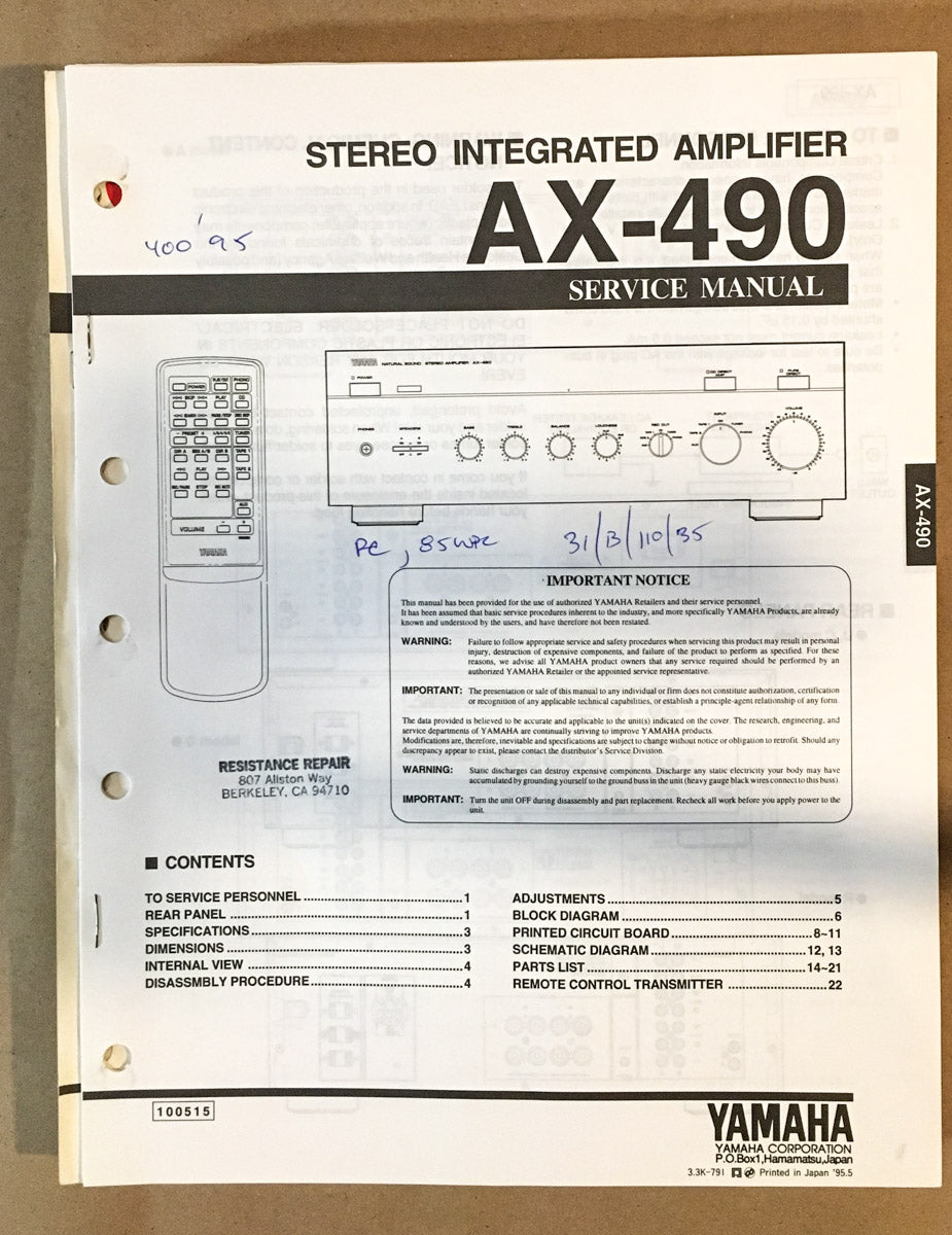 Yamaha AX-490 Amplifier  Service Manual *Original*
