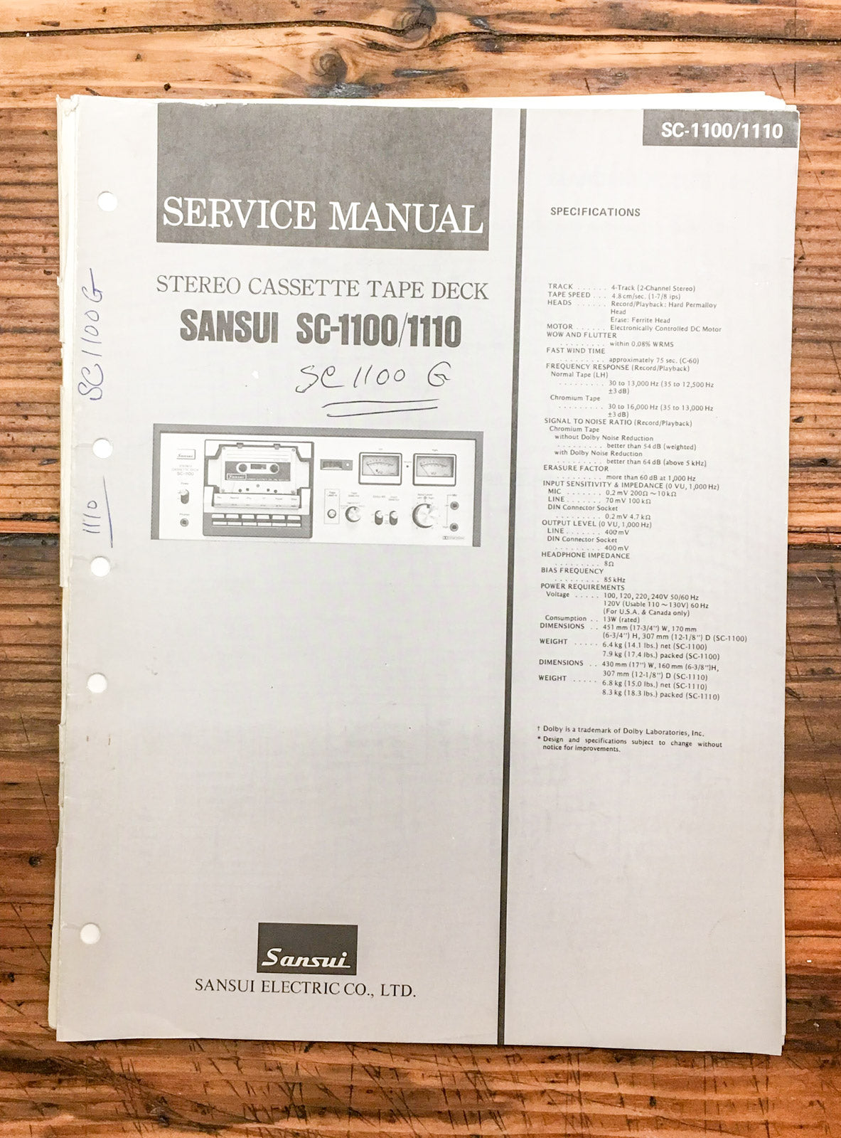 Sansui SC-1100 SC-1110 Cassette  Service Manual *Original*