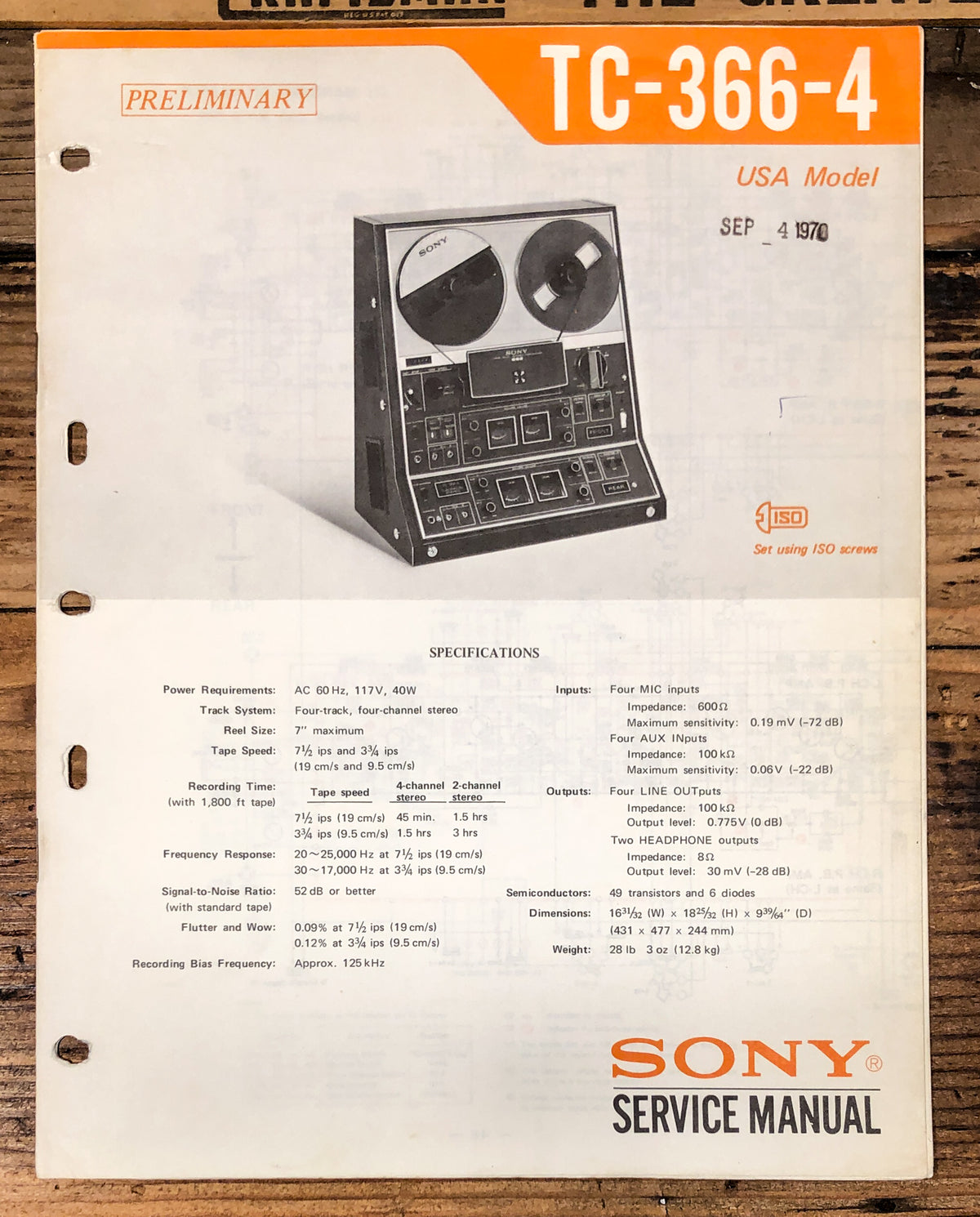 Sony TC-366/4 TC-366 4 Reel to Reel  Service Manual *Original*