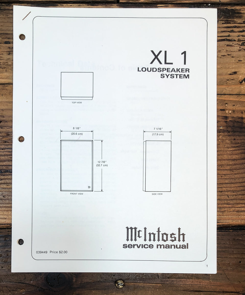 McIntosh XL1 XL-1 Speaker Service Manual *Original*