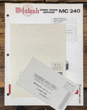 McIntosh MC-240 MC240 Amplifier Original Issue Owners / User Manual *Original*