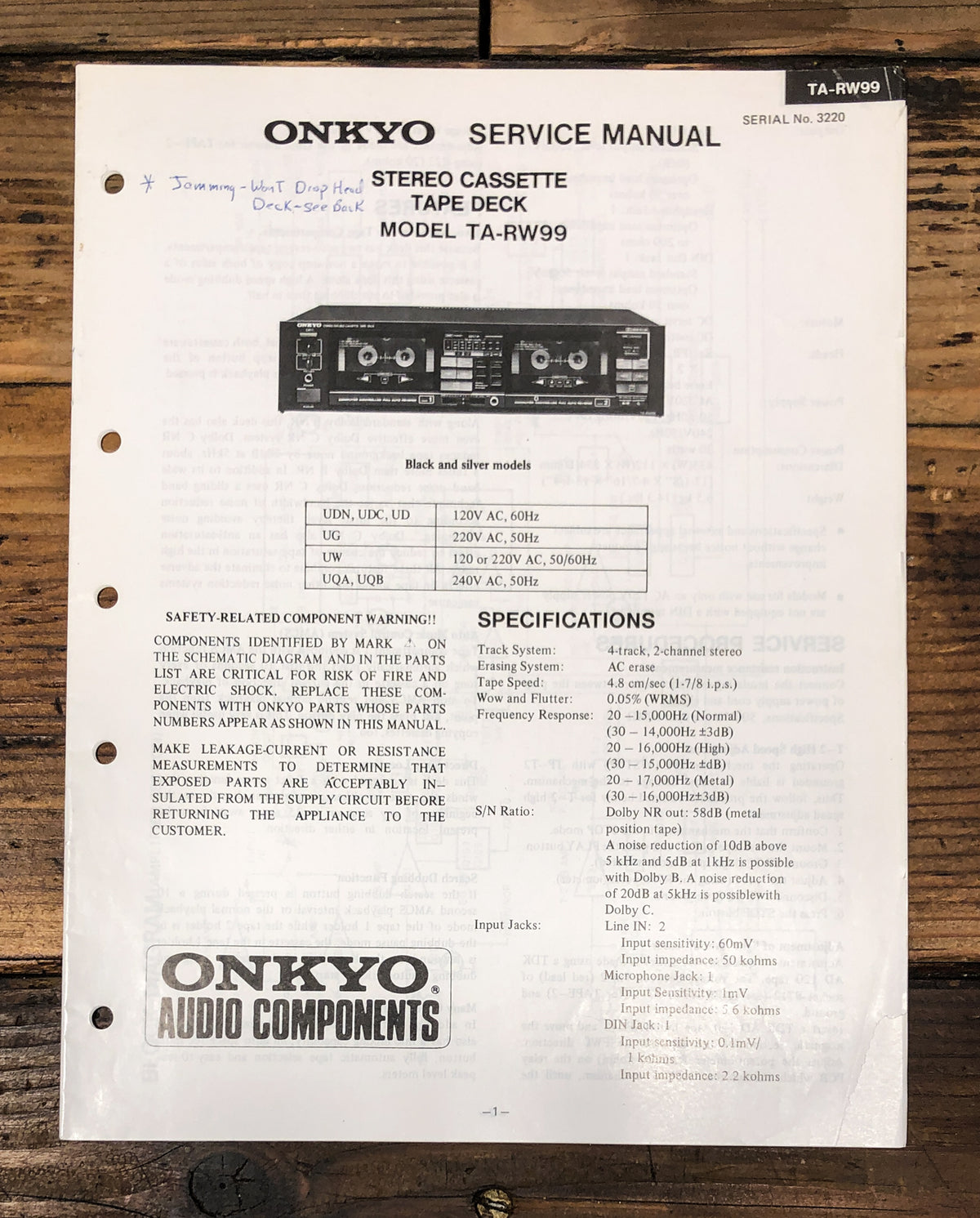 Onkyo TA-RW99 Cassette Service Manual *Original*