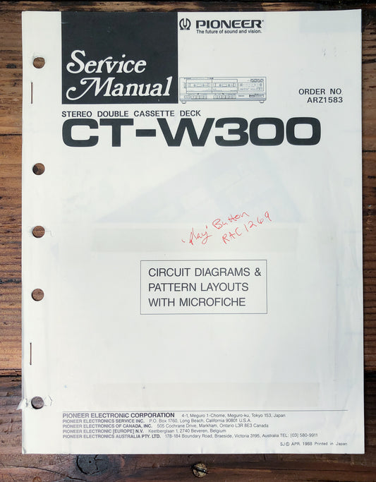 Pioneer CT-W300 Double Cassette Deck Service Manual *Original*
