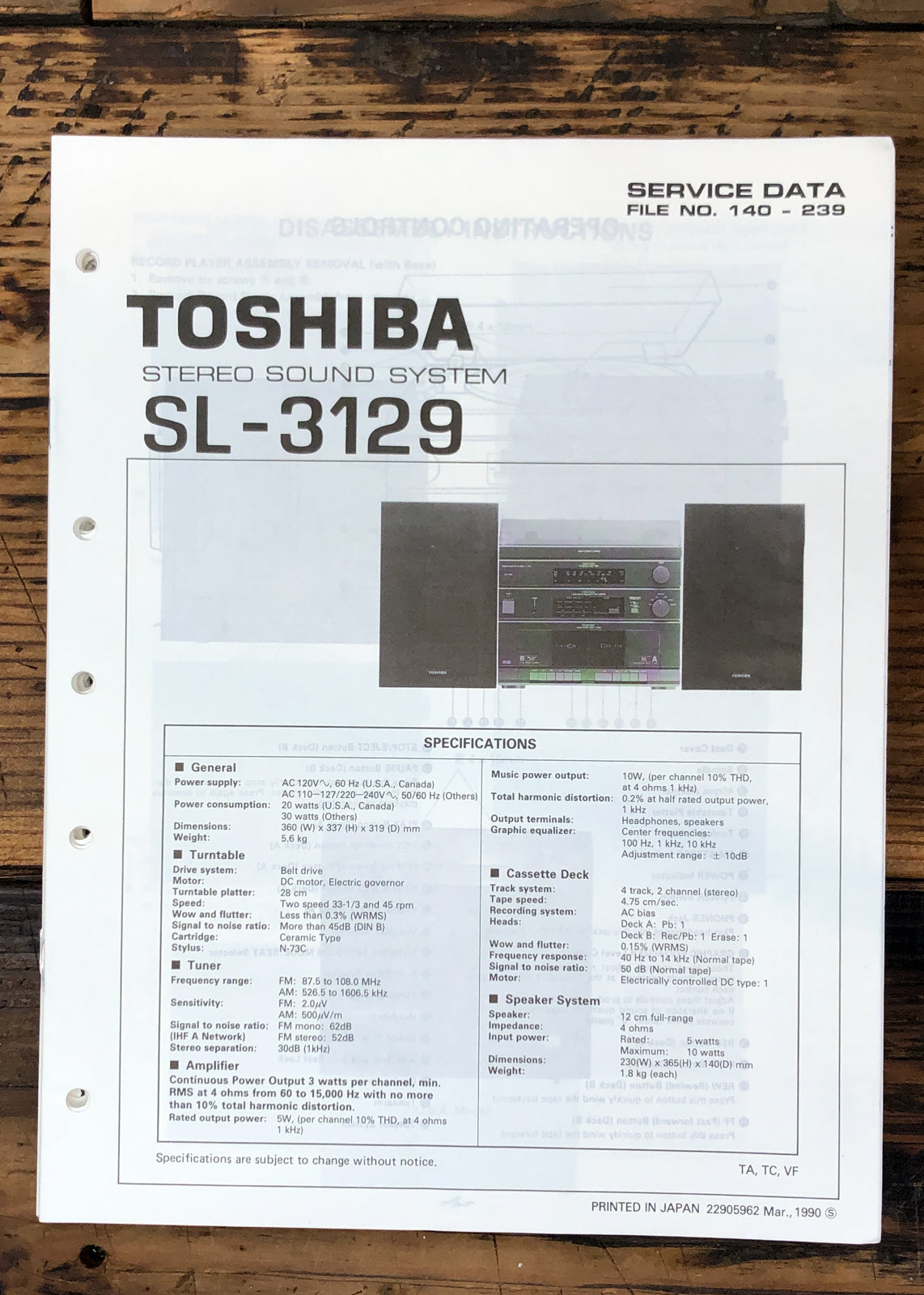 Toshiba SL-3129 Stereo Service Manual *Original*