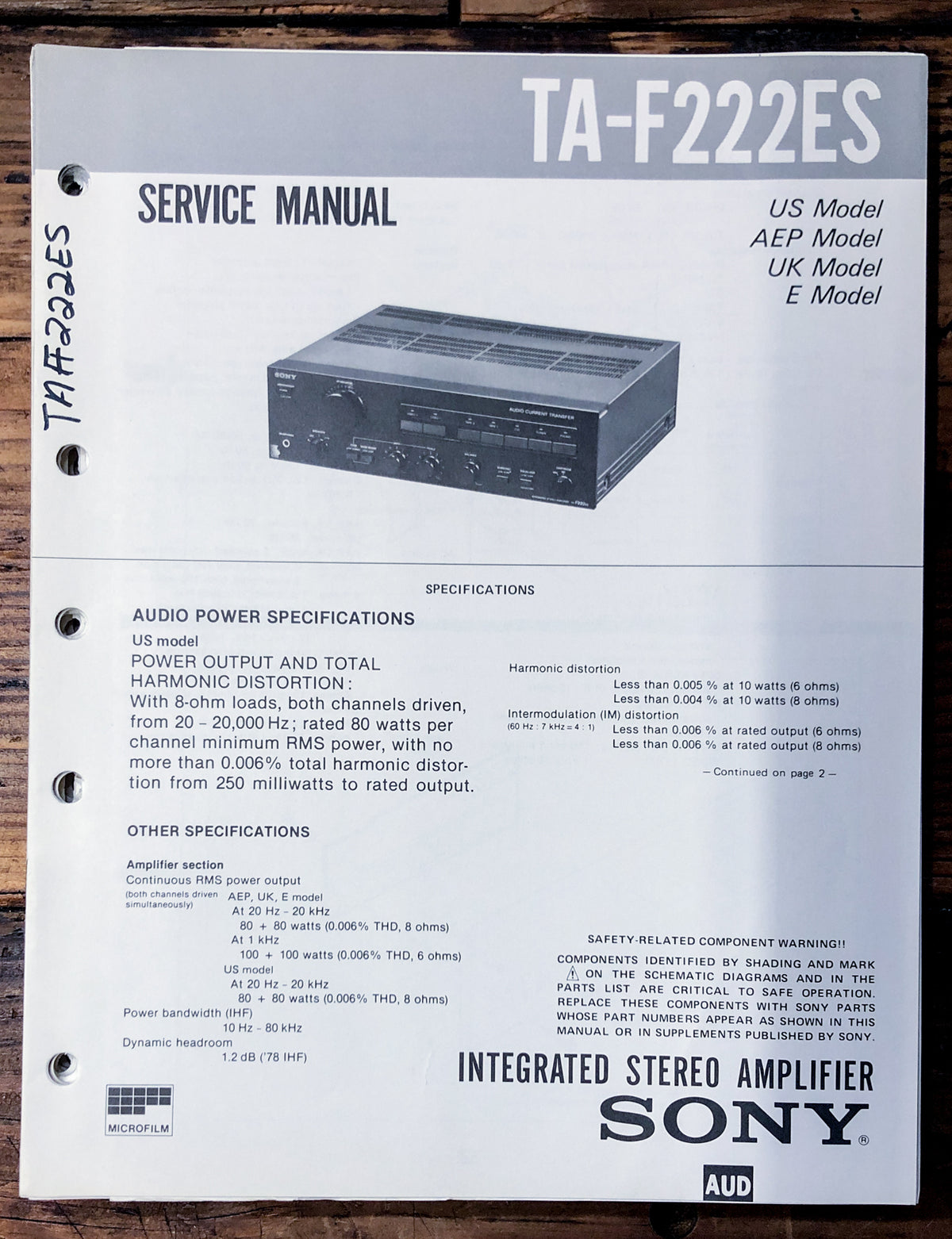 Sony TA-F222ES Amplifier  Service Manual *Original*