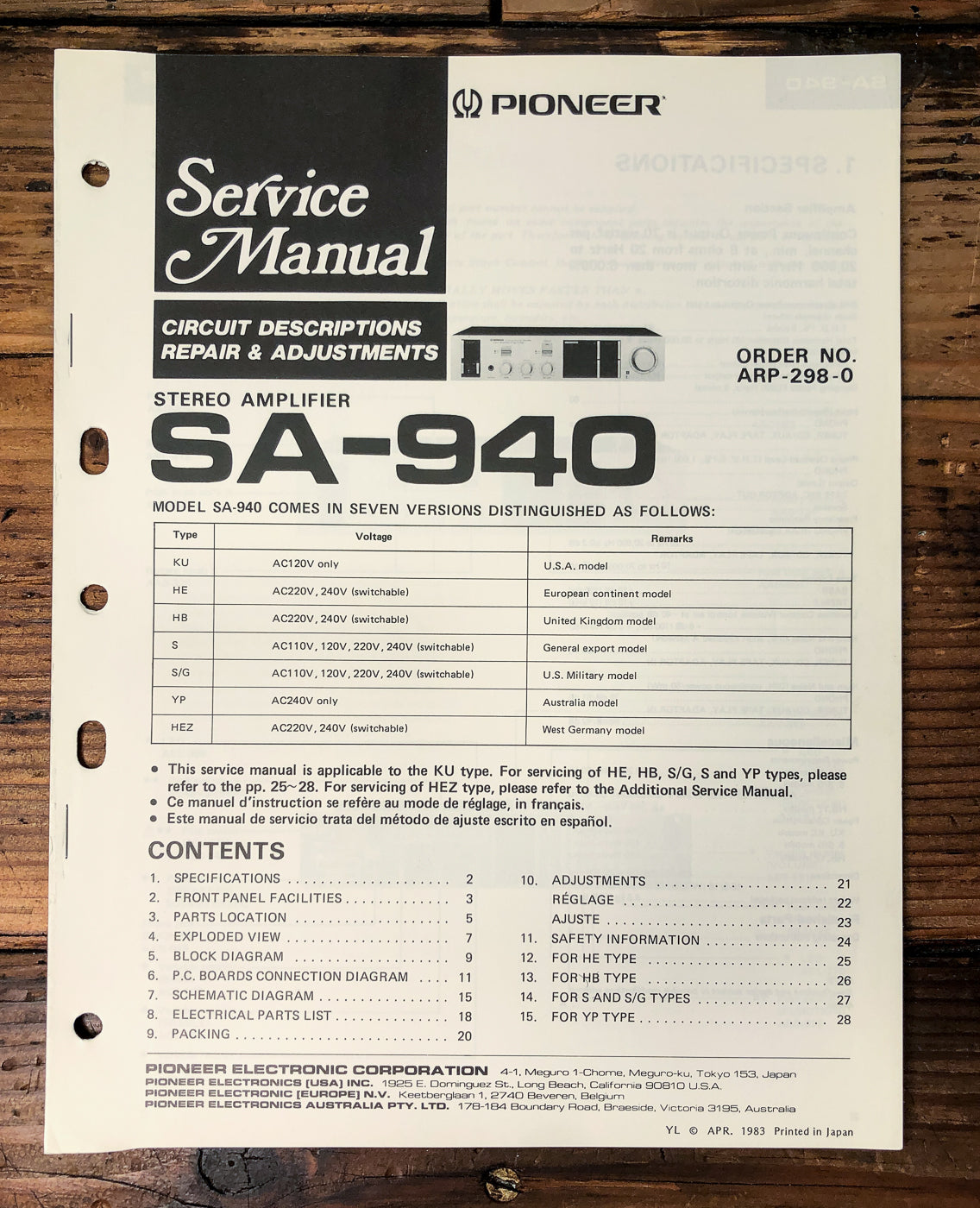 Pioneer SA-940 Amplifier Service Manual *Original*
