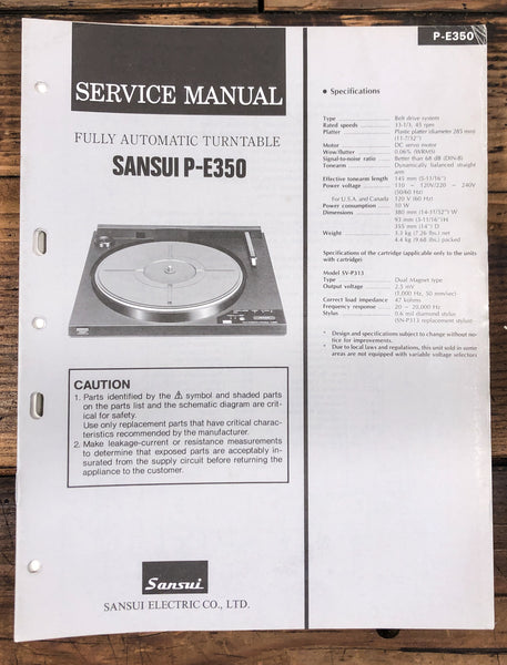 Sansui P-E350 Record Player / Turntable  Service Manual *Original*