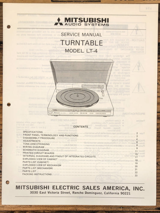 Mitsubishi LT-4 Record Player / Turntable  Service Manual *Original*