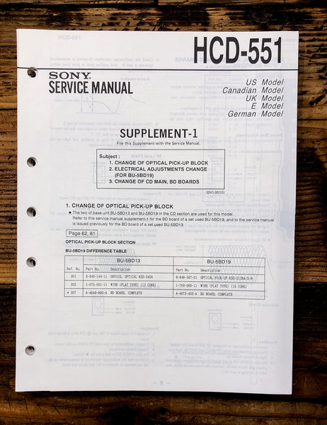 Sony HCD-551 Stereo Supp. Service Manual *Original*