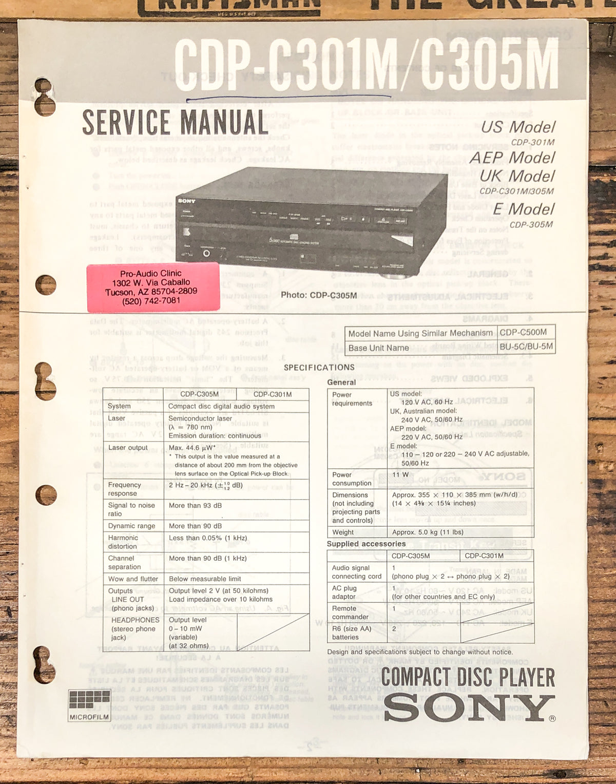 Sony CDP-C301M CDP-C305M CD Player  Service Manual *Original*