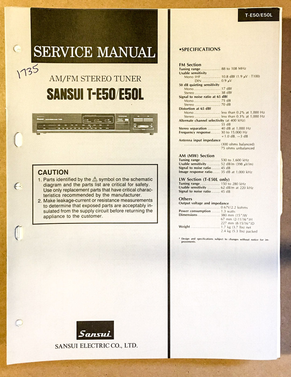 Sansui T-E50 Tuner Service Manual *Original*