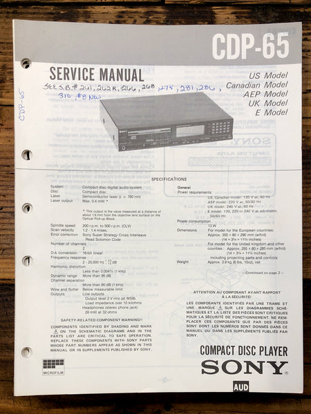 Sony CDP-65 CD Player  Service Manual *Original*