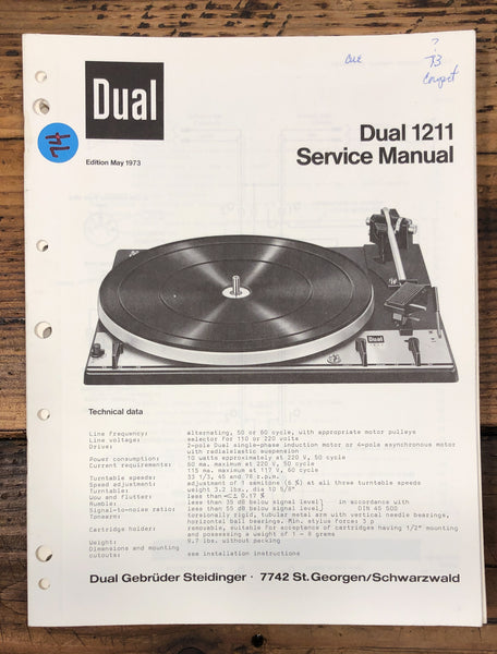 Dual Model 1211 Record Player / Turntable  Service Manual *Original*