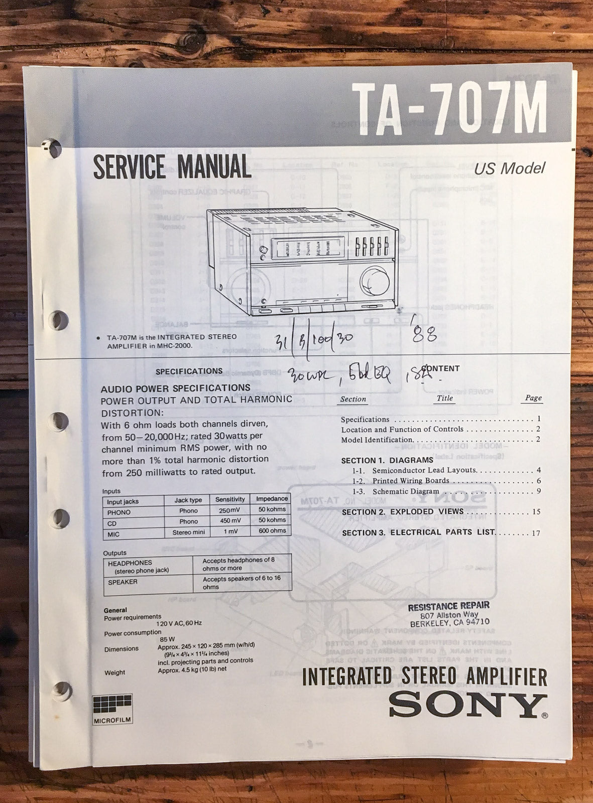 Sony TA-707M Amplifier  Service Manual *Original*