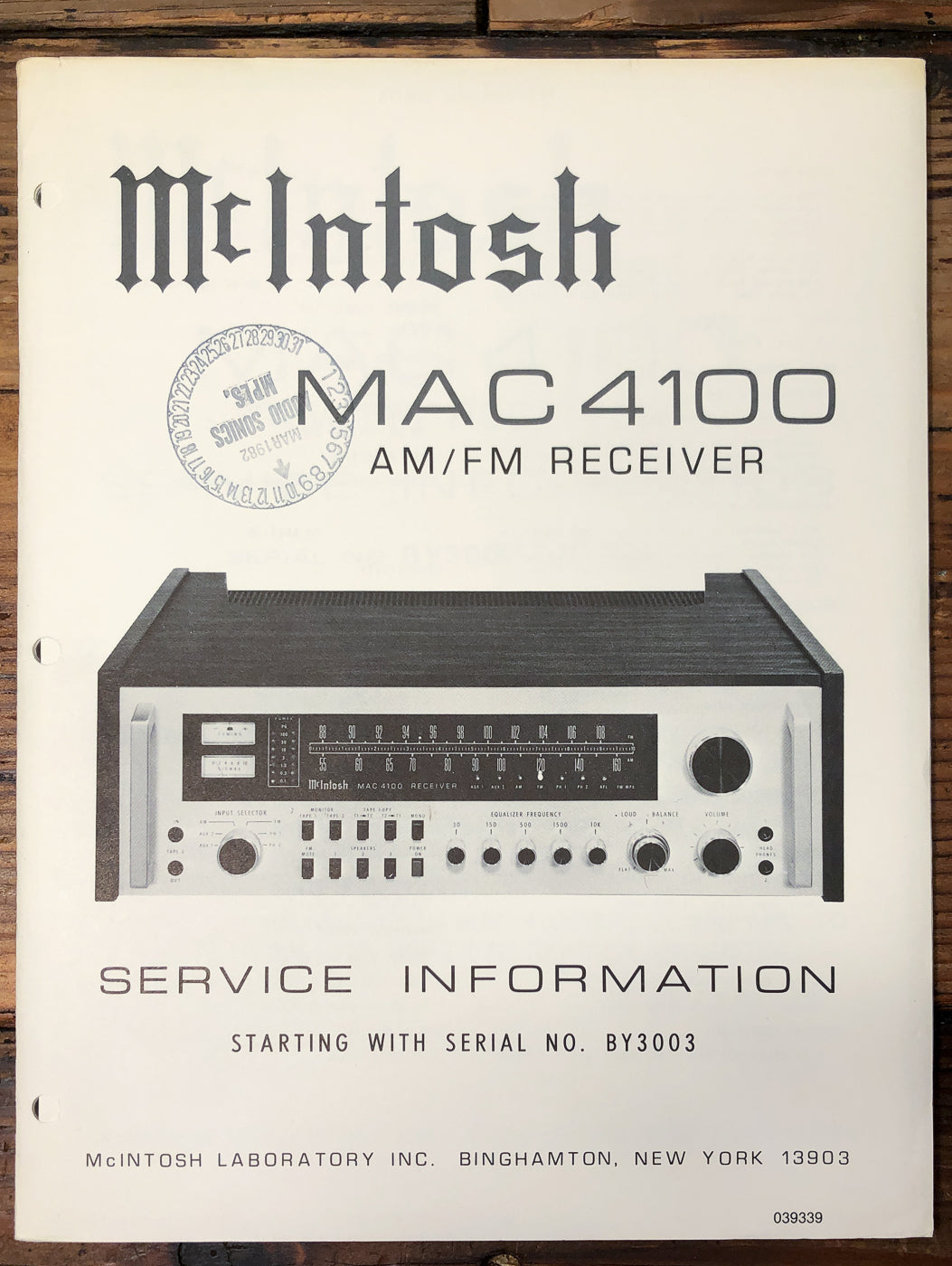 McIntosh MAC 4100 Receiver Starts BY3003 Service Manual *Original*