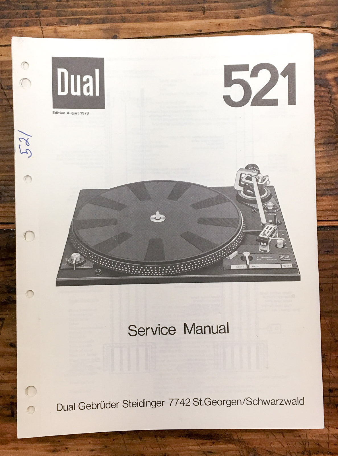 Dual Model 521 Record Player / Turntable  Service Manual *Original*