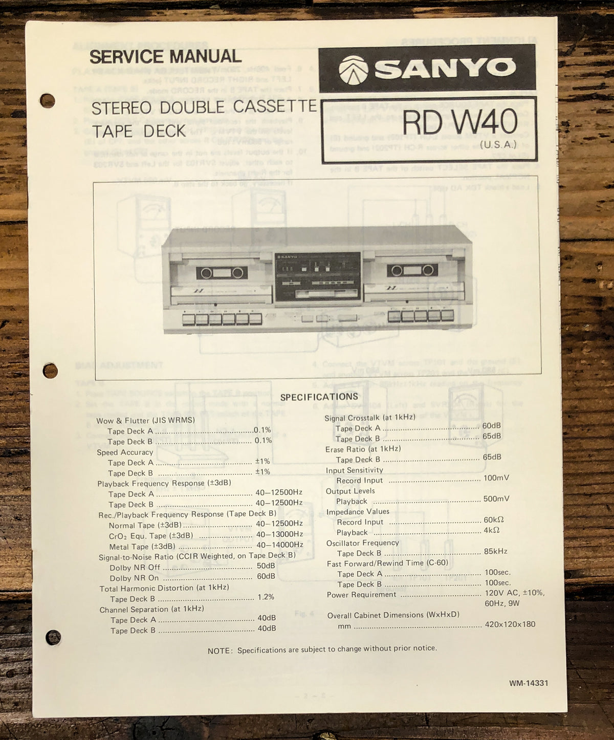 Sanyo RD W40 RD-W40 Cassette Service Manual *Original*