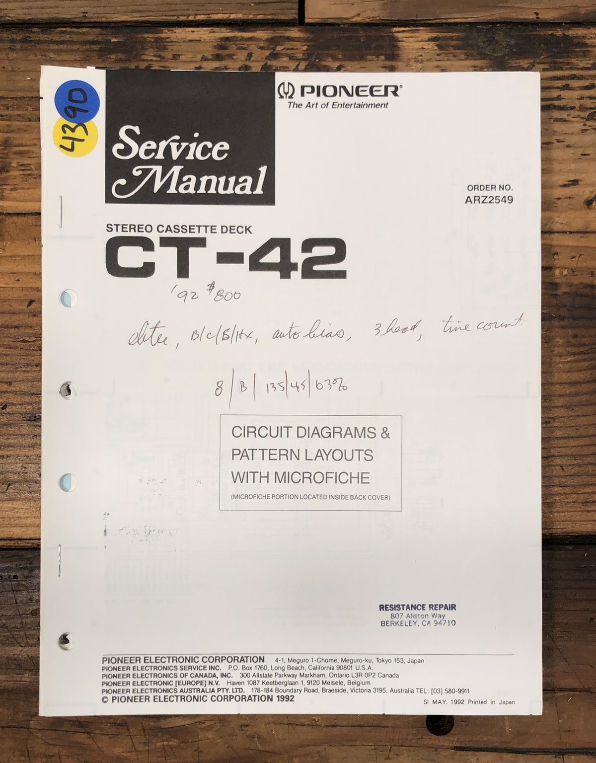 Pioneer CT-42 Cassette  Service Manual *Original*