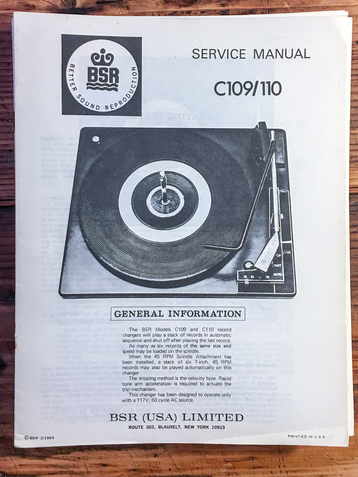 BSR / McDonald Model C109 C110 Record Player  Service Manual *Original*