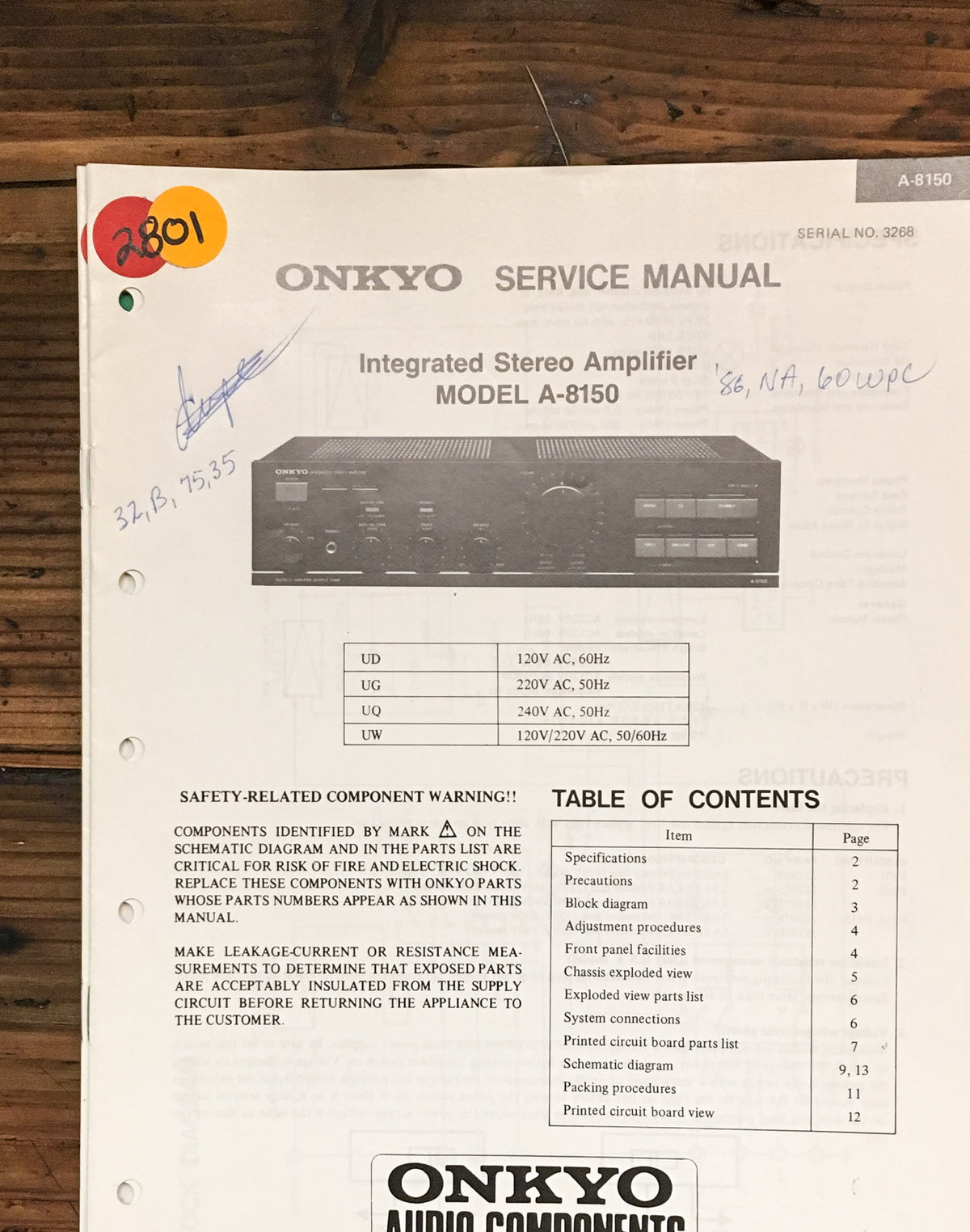 Onkyo A-8150 Amplifier  Service Manual *Original*
