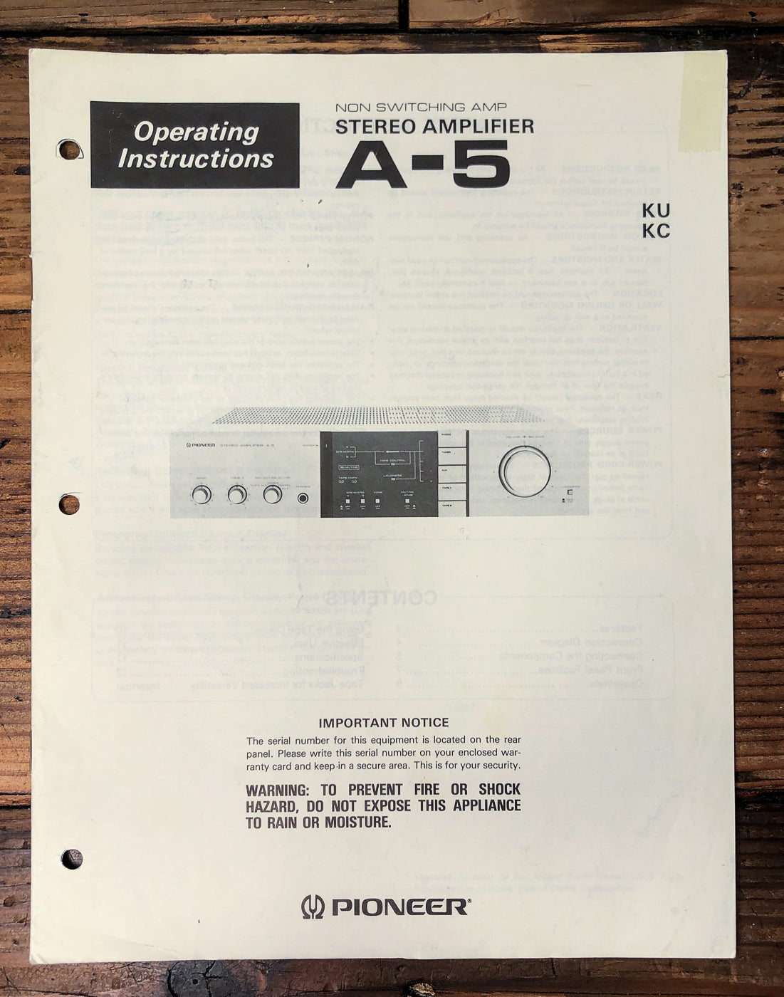 Pioneer A-5 Amplifier Owners / User Manual *Original*