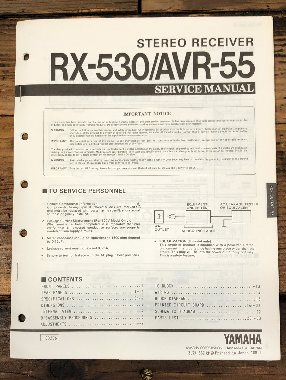 Yamaha RX-530 AVR-55 Receiver  Service Manual *Original*