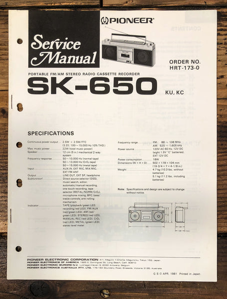Pioneer SK-650 Radio Cassette Service Manual *Original*