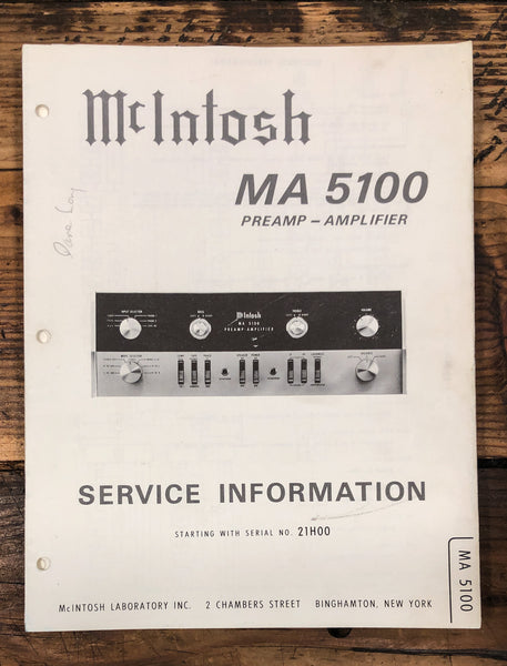 McIntosh MA 5100 Amplifier  Service Manual *Original* #2