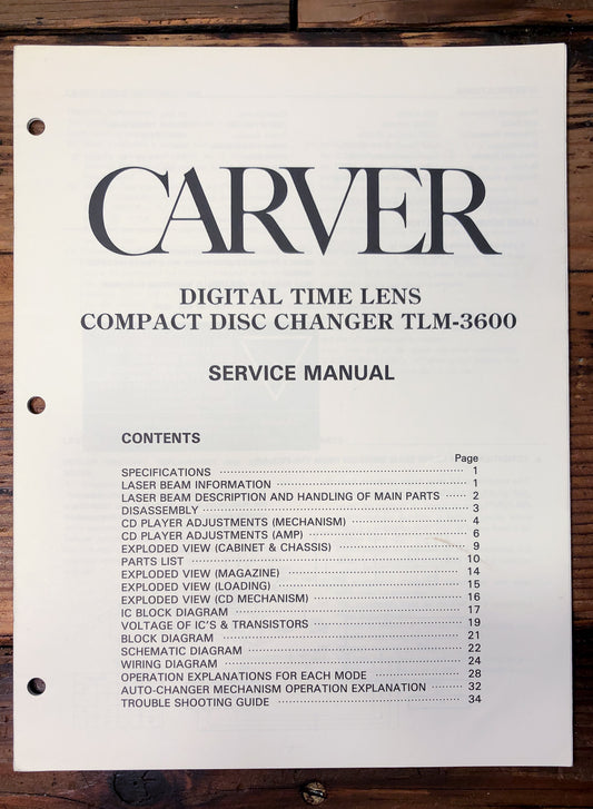 Carver TLM-3600 CD Player Service Manual *Original*