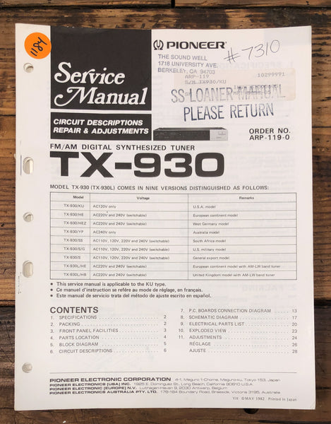 Pioneer TX-930 Tuner  Service Manual *Original*