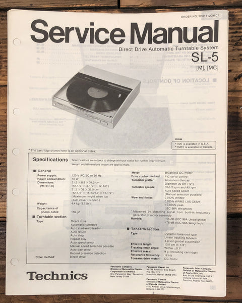Technics SL-5 Turntable  Service Manual *Original*