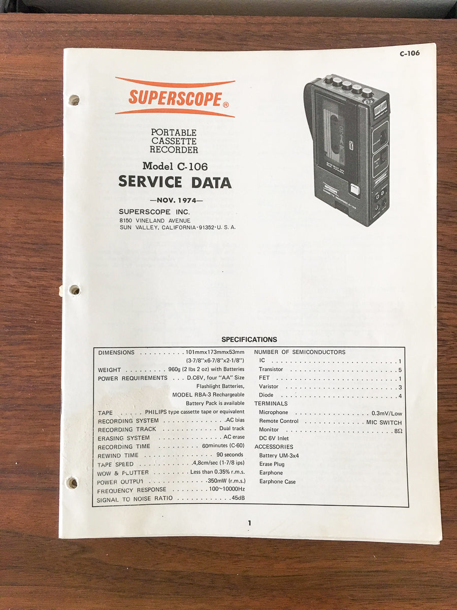 Superscope C-106 Cassette Recorder Service Manual *Original*